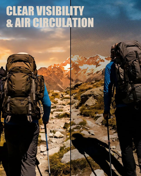 Backpackers hiking with Two Pack Mosquito Head Net For Hats, Ultra Fine Ice Silk Bug Mask Hood, showcasing clear visibility
