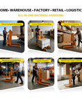 CareArise electric pallet stacker, orange, 660 lb capacity, shown in front and side warehouse views.