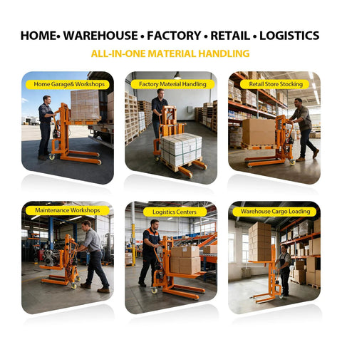 CareArise electric pallet stacker, orange, 660 lb capacity, shown in front and side warehouse views.