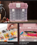 Pink Portable Tool Box With Four Removable Drawers And Customizable Compartments For Hardware Fishing Tackle Beads Or Crafts