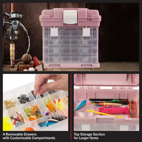 Pink Portable Tool Box With Four Removable Drawers And Customizable Compartments For Hardware Fishing Tackle Beads Or Crafts