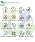 Chart showing product qualities: gluten free, dairy free, egg free, soy free, tree nut free, peanut free, shellfish free, fish free.