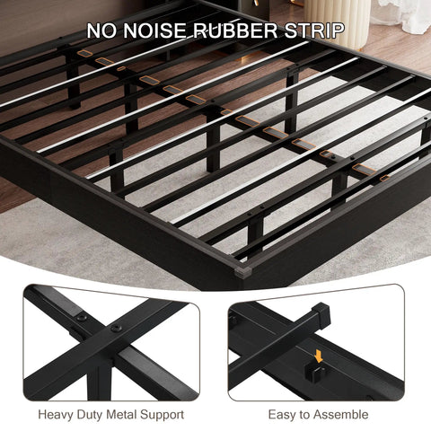 Sick Queen Floating Bed Frame With LED Lights And DC Charging Ports, Hidden Toe Guard Base, Heavy duty metal support frame with noise-free rubber strips.