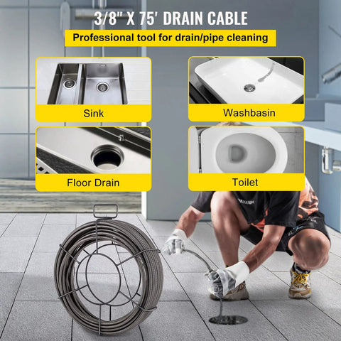 Heavy Duty Pro Grade Drain Cleaning Cable 75ft 3 8 Inch Solid Core Sewer Snake For 2 To 4 Inch Pipes Four Cutter Shapes