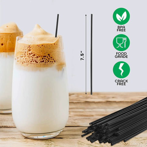 Skinny Black Plastic Sip Stirrer Straws For Coffee And Cocktails, Seven And A Half Inch Stirrers, 1000 per box next to drinks