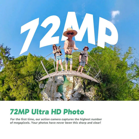 Weatherproof 5.7K 360 Video Action Camera Creator Bundle capturing 72MP ultra HD photo of people on a bridge in nature