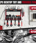All In One Wall Mounted Power Tool Organizer With Built In Eight Outlet Charging Station Three Layer Heavy Duty Drill Holder Rack And Power Strip For Your Garage Workshop Storage installed on a wall with tools.