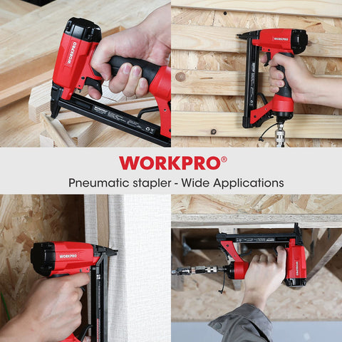 Pneumatic 20 Gauge Staple Gun For Upholstery And Carpentry, T50 Style Stapler in use for wood and fabric applications