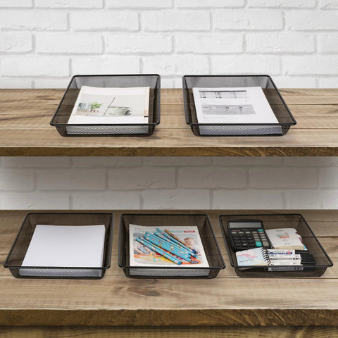 AZFUNN five-pack black metal mesh desk trays for paper and mail organization on wood shelves