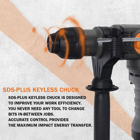 Heavy Duty Variable Speed Rotary Hammer Drill 1-1/4 Inch SDS Plus Demolition Hammer with SDS-Plus Keyless Chuck Feature