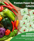 15 Sweet And Hot Pepper Seeds Variety Pack Non GMO Heirloom Garden Seeds with colorful pepper seed packets displayed