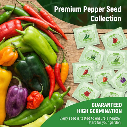 15 Sweet And Hot Pepper Seeds Variety Pack Non GMO Heirloom Garden Seeds with colorful pepper seed packets displayed