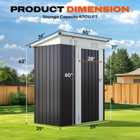 Compact 5X3 Foot Metal Garden Tool Shed That Is Super Handy With 2 Way Sloping Roof And 28 Inch Wide Lockable Door Waterproof Galvanized Steel For Backyard Patio Or Lawn Storage showing dimensions.