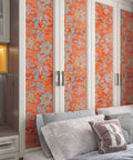 Peel And Stick Orange Floral Wallpaper Roll 21x160 Inches For Bedroom And Living Room Self Adhesive Non Woven Thick Fabric Covers 23.33 Sq Ft Easy Apply Vintage Floral Decor For Girls Room showing vibrant design on cabinet doors in bedroom.