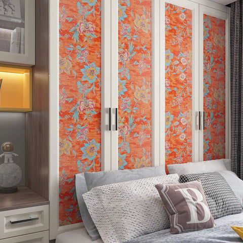 Peel And Stick Orange Floral Wallpaper Roll 21x160 Inches For Bedroom And Living Room Self Adhesive Non Woven Thick Fabric Covers 23.33 Sq Ft Easy Apply Vintage Floral Decor For Girls Room showing vibrant design on cabinet doors in bedroom.