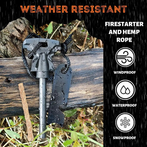 Go-To Survival Fire Starter Kit With Flint And Steel 4 Inch Magnesium Ferro Rod Waxed Hemp Rope in wet outdoor setting