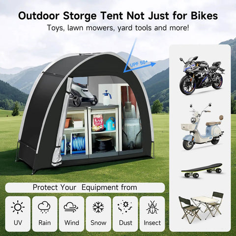 All Weather Outdoor Bike Storage Tent For 2-3 Bikes With Extra Top Space, PU5000 Waterproof 210D Oxford Fabric With Taped Seams