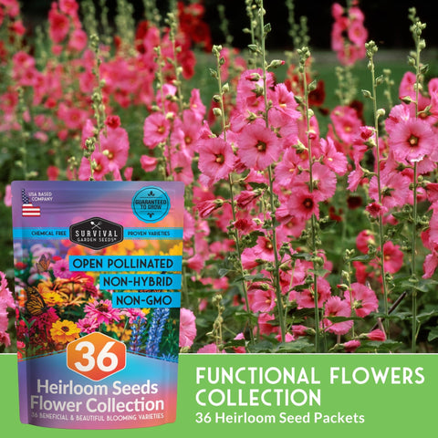 36 Pack Flower Seeds Garden Kit With Heirloom Non GMO Seed Starter Pack Varieties with pink flowers in background