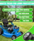 Blue zero-turn mower on grass with Flat Free 11x4.00-5 Lawn Mower Tires With Wheel Kit Two Pack Universal Fit.