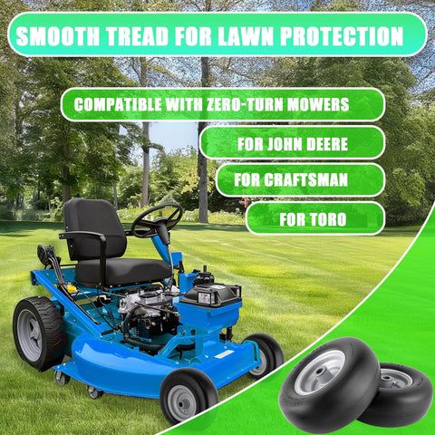 Blue zero-turn mower on grass with Flat Free 11x4.00-5 Lawn Mower Tires With Wheel Kit Two Pack Universal Fit.