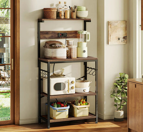 Kitchen Bakers Rack With Power Outlet And Coffee Bar Table Four Tier Space Saving Microwave Stand With Six S Shaped Hooks