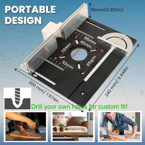 Heavy Duty Aluminum Router Table Insert Plate With Tough Badass Glide Coating And Zero Sweat Laser Scaled Markings Ideally Suited For Rapid Woodworking Bench Tweaks On Any Weekend Garage Build dimensions and design features.