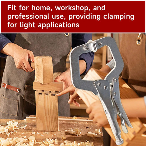 5 Pack 6 Inch Locking C Clamps With Swivel Pads in woodworking use, gripping wooden blocks securely, demonstrating functionality.