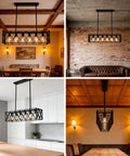 Farmhouse Style 6 Light Black Metal Industrial Pendant Lighting For Dining Room And Kitchen Island Vintage Rectangular Linear Chandelier with rustic charm.