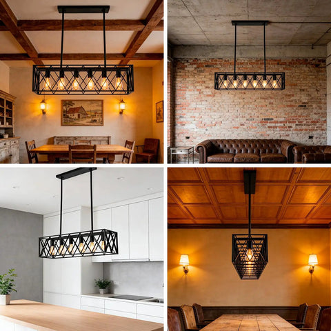 Farmhouse Style 6 Light Black Metal Industrial Pendant Lighting For Dining Room And Kitchen Island Vintage Rectangular Linear Chandelier with rustic charm.