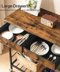 Rolling Kitchen Island With Storage, Movable Cart With Two Drawers And Built In Outlet showing open drawers with utensils