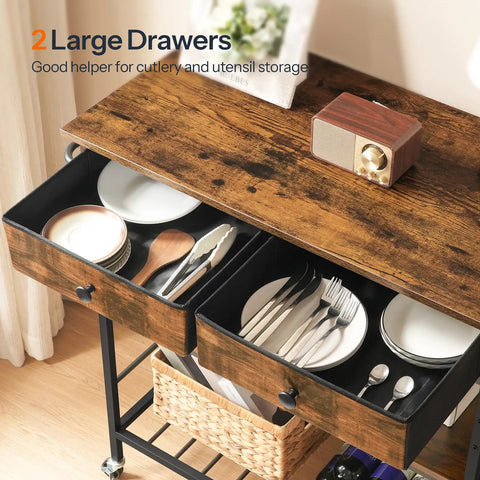 Rolling Kitchen Island With Storage, Movable Cart With Two Drawers And Built In Outlet showing open drawers with utensils