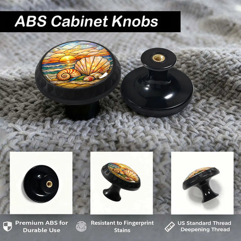 Laid Back Coastal Sunset Beach Shell Cabinet Knobs Four Pack, 1.37 inch ABS with stained glass shells for kitchen and bathroom.
