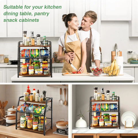 Three Tier Wooden Countertop Organizer For Kitchen And Office Space Saver, Snack Candy Display Stand And Coffee Station Organizer, 3 Tier Condiment And Tea Storage For Soda Cans, Pantry, Bathroom, Or Bar, White With Black Accents