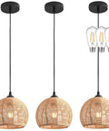 Top Tier Hand Woven Wicker Pendant Lights Trio Boasts A Natural Rattan Dome Shell With Long Adjustable Wires And Ready To Use Bulbs.