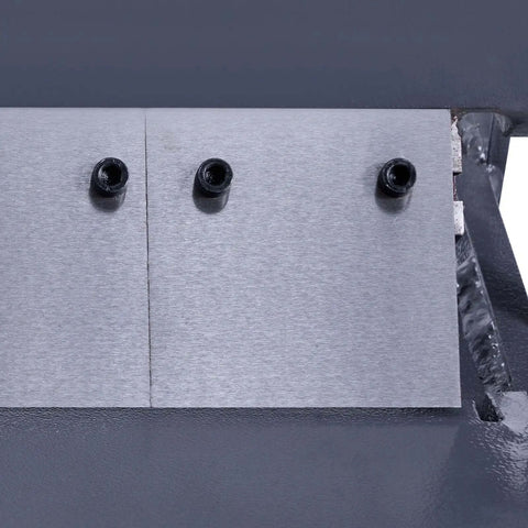 Close-up of 12 Inch Sheet Metal Bender For DIY Projects, 20 Gauge Mild Steel Capacity, showing metal sheet and adjustment knobs.
