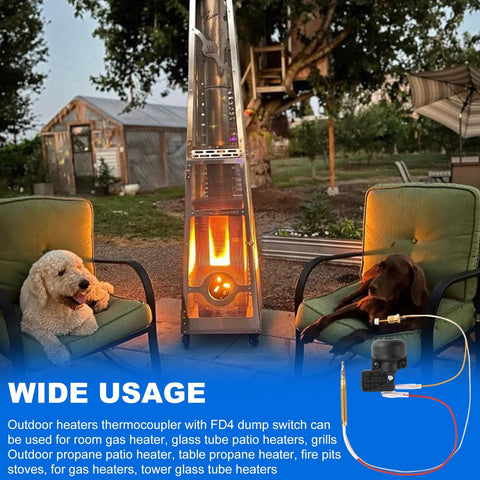 Front view of outdoor patio heater with metal frame and glowing flame; two dogs sit on green chairs nearby.