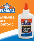 Bottle of Elmer's 4 oz school glue with orange cap promoting its washable, safe, non-toxic features for kids and crafts.