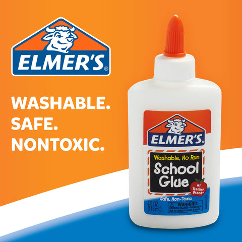 Bottle of Elmer's 4 oz school glue with orange cap promoting its washable, safe, non-toxic features for kids and crafts.