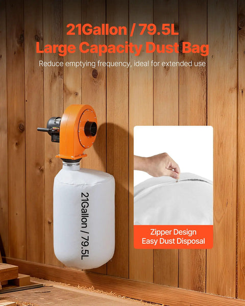 Wall Mount Dust Collector With 1 HP Motor Delivers 560 CFM For Woodworking Shops with 21-gallon dust bag on wood wall.