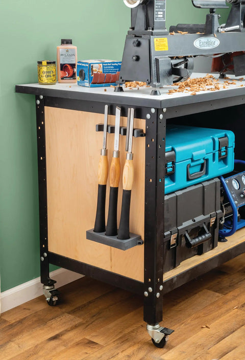 Grab And Go Pro Grade Wall Mounted Tool Organizer With Rare Earth Magnets Durable Chisel Holder on woodworking bench.