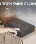 Hand reaching for the Ready To Go Eight Point Two Pound Heavy Duty Biometric Gun Safe With Quick Access Pistol Safe and 100 Fingerprints.