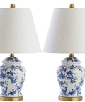 Set of two 22 inch Blue and White Ceramic Ginger Jar Table Lamps with White Linen Shade for living room and bedroom.