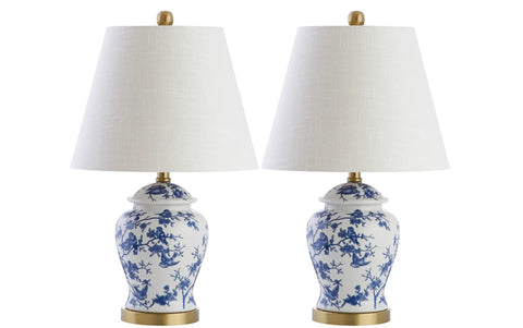 Set of two 22 inch Blue and White Ceramic Ginger Jar Table Lamps with White Linen Shade for living room and bedroom.