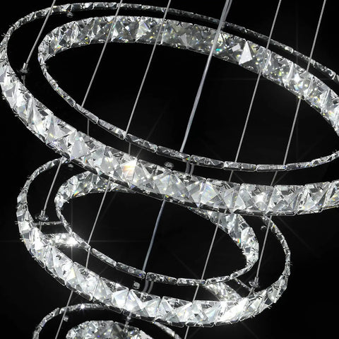 Three Ring Crystal Chandelier With Adjustable Stainless Steel Led Ceiling Fixture, K9 Crystals, 6000K Cool White Light For Living Room, Dining Room, Kitchen, Bedroom, Foyer, Modern, Built To Last, Bright