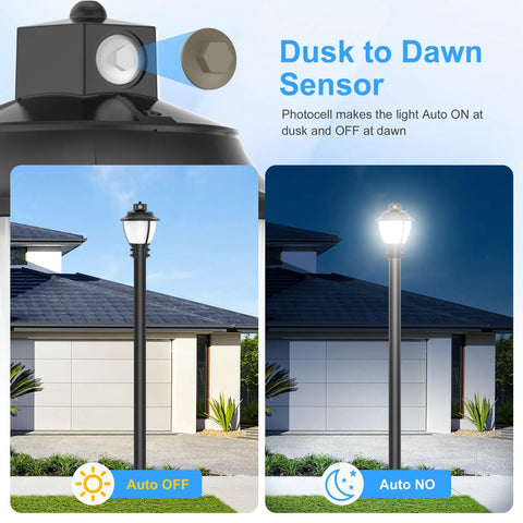 LED Post Top Light With Dusk To Dawn Photocell 5000K Daylight White No Glare Eye Friendly demonstrating auto on/off in daylight and night settings