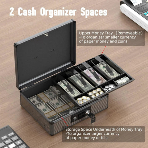 Locking Cash Box With Money Tray And Key For Grab And Go Security Portable Cash Safe Box For Cash And Coins Extra Large Black Money Organizer With Bottom Storage Compartments showing open top, filled with money and change.