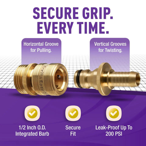 Easy Connect 1/2 Inch Hose Repair Kit With Quick Connect Barbed Fitting And 3/4 Inch GHT Female Threads, brass components displayed
