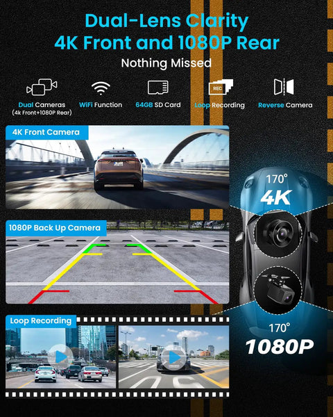 Dual-lens clarity of 4K front camera and 1080p rear on Effortless 9 Inch Wireless Apple CarPlay And Android Auto Screen For Any Vehicle