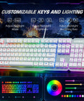 Premium Wired Mechanical Gaming Keyboard With Solid Aluminum Top Plate And Responsive Full Layout Design Built For Gamers Who Want A Tight Desktop Setup That Actually Slaps featuring customizable RGB lighting and white keys.
