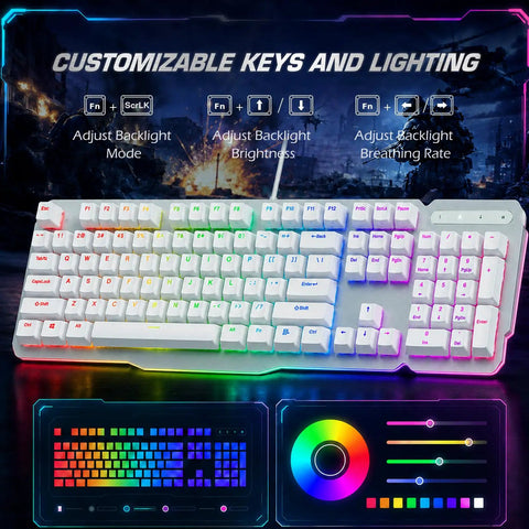 Premium Wired Mechanical Gaming Keyboard With Solid Aluminum Top Plate And Responsive Full Layout Design Built For Gamers Who Want A Tight Desktop Setup That Actually Slaps featuring customizable RGB lighting and white keys.